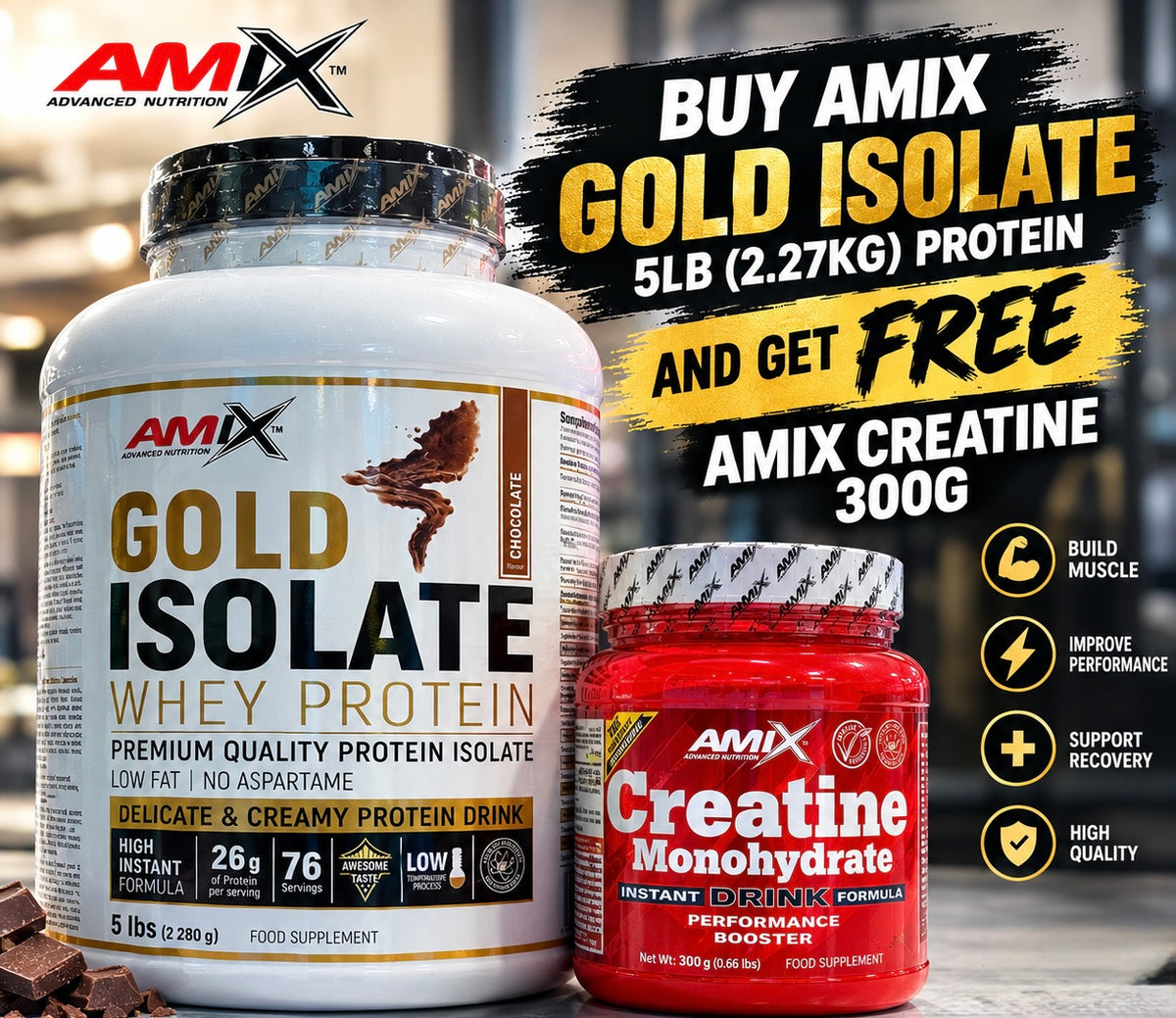 💪 Amix Gold Whey Protein Isolate 5lb – Premium Fast-Absorbing Protein Powder + 300g Amix Creatine Monohydrate FREE