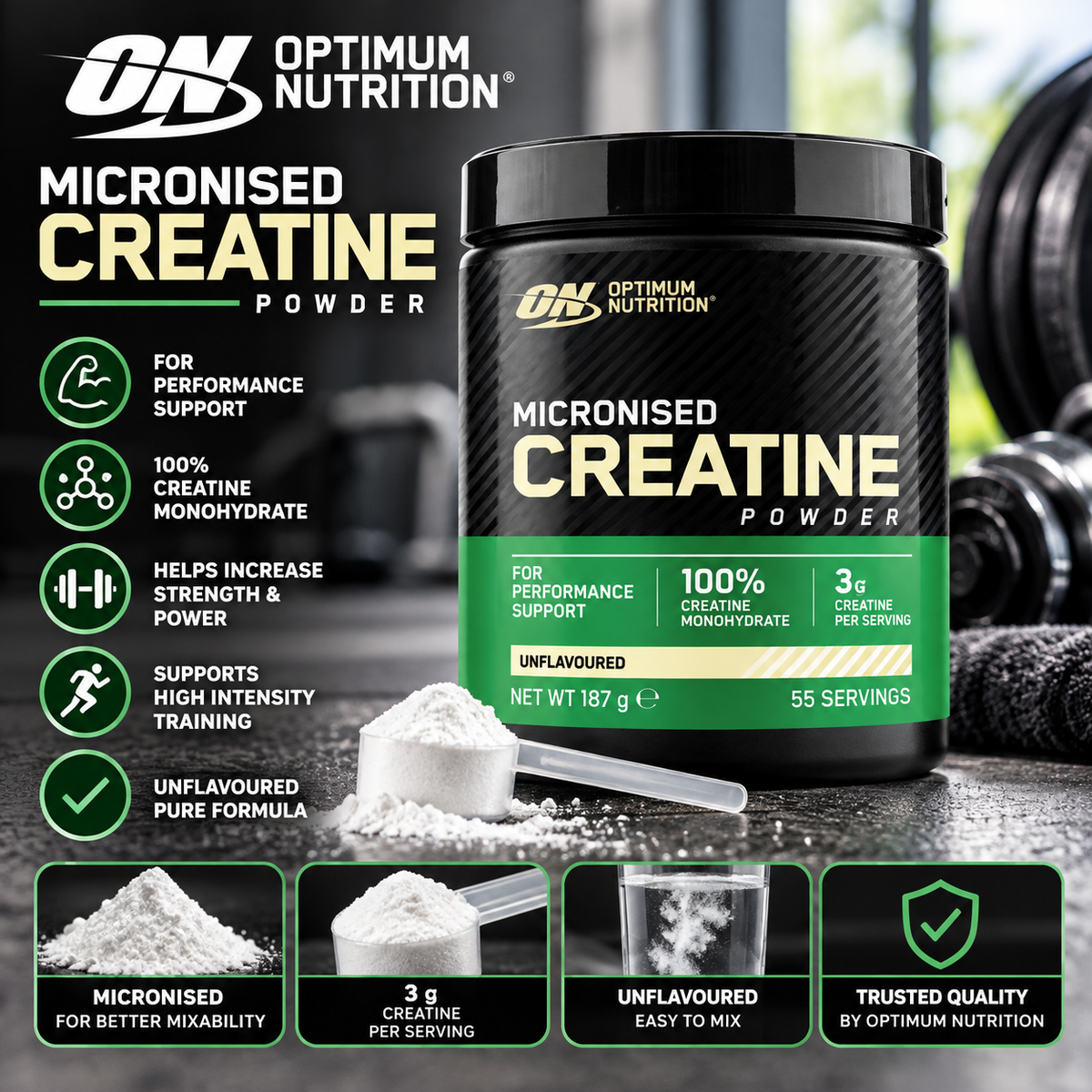 💪 Optimum Nutrition Micronised Creatine Powder Unflavoured – 100% Creatine Monohydrate