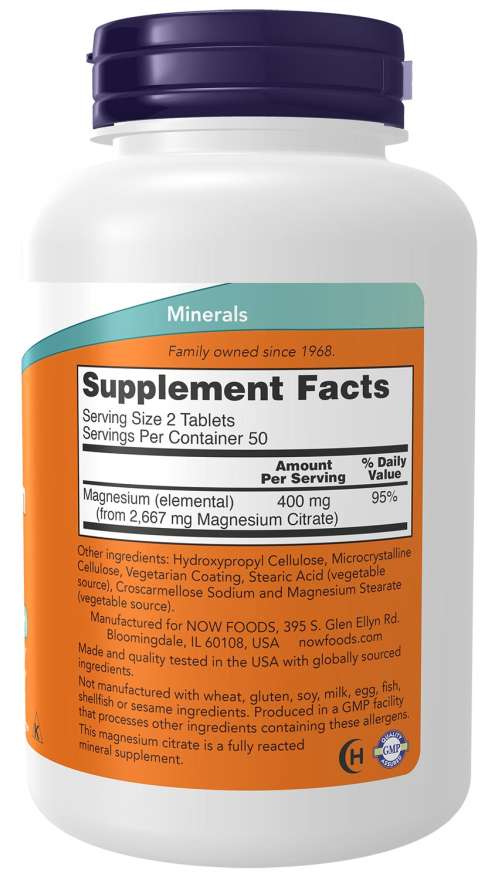 NOW FOODS Magnesium Citrate 200mg 100 Vehe Tablets